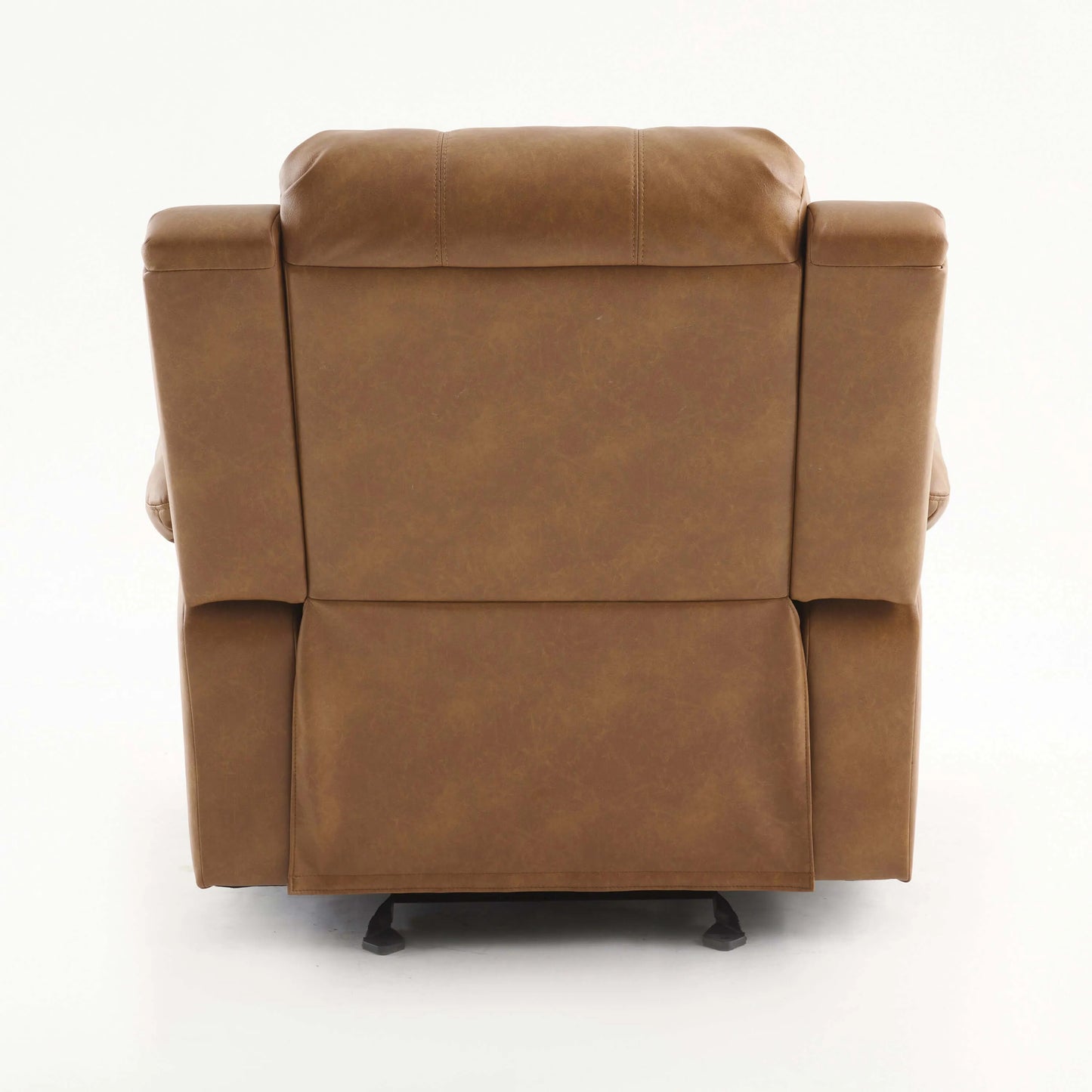 Back side of a brown leather recliner chair with black legs on a white background
