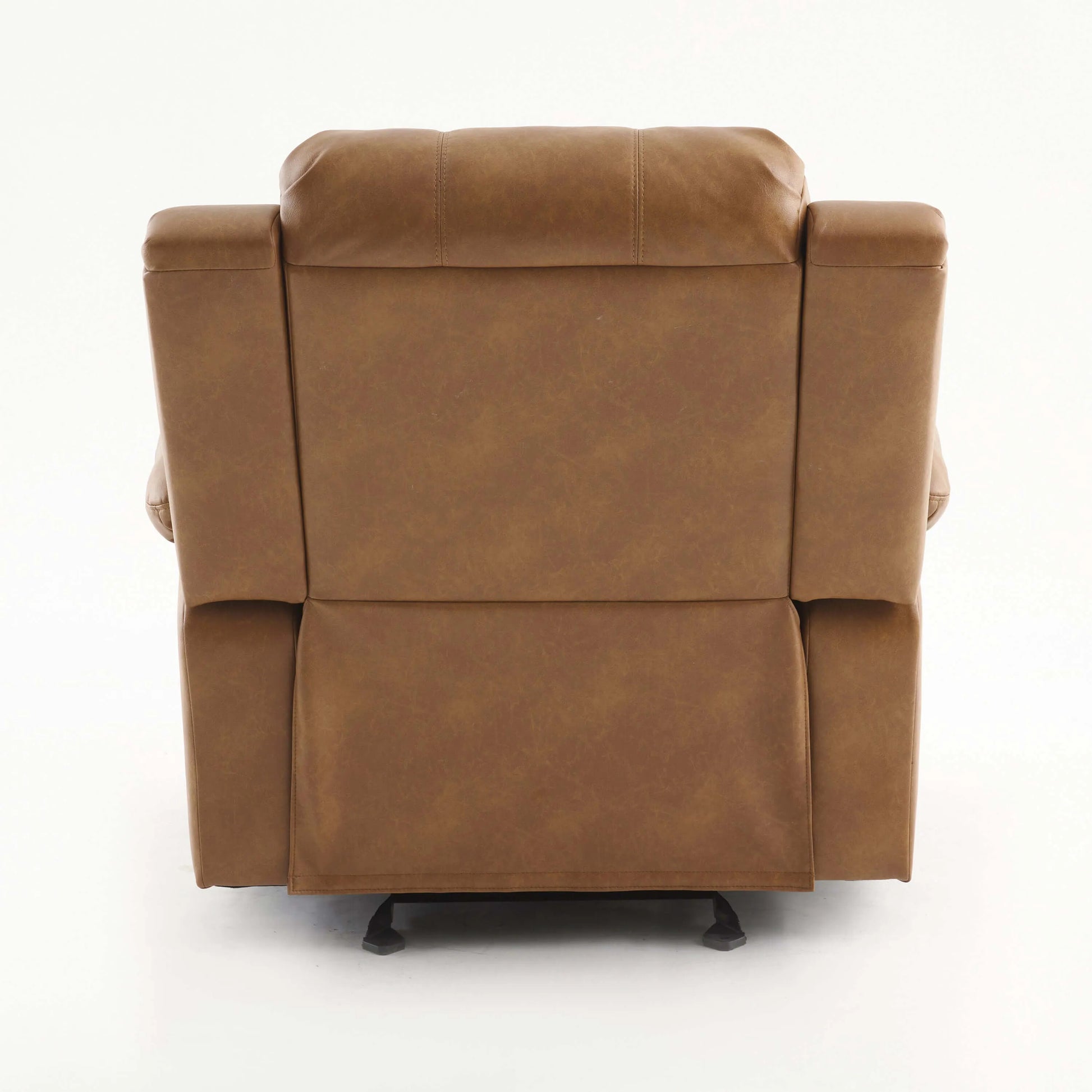Back side of a brown leather recliner chair with black legs on a white background