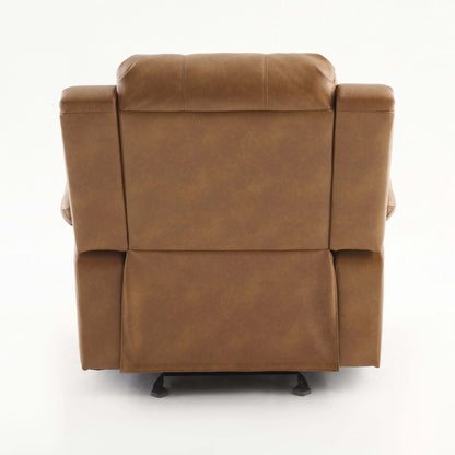 Back side of a brown leather recliner chair with black legs on a white background