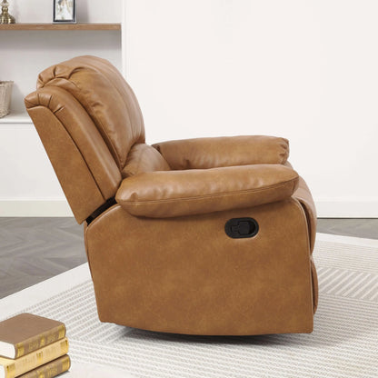 Side view of a brown leather recliner chair with manual pull handle in a room with a book and rug.