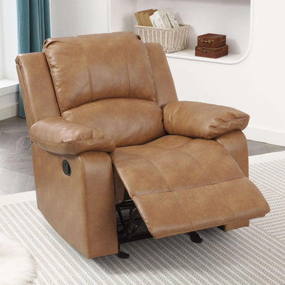 Brown leather recliner chair with footrest partially extended in a room with a shelf and basket in the background.