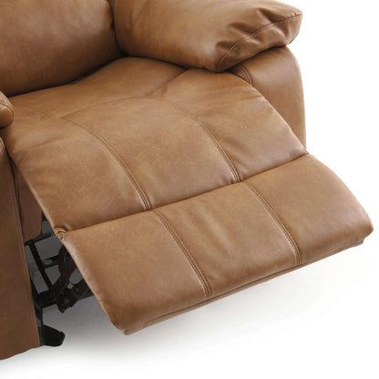 Close up of a brown leather recliner footrest on a white background