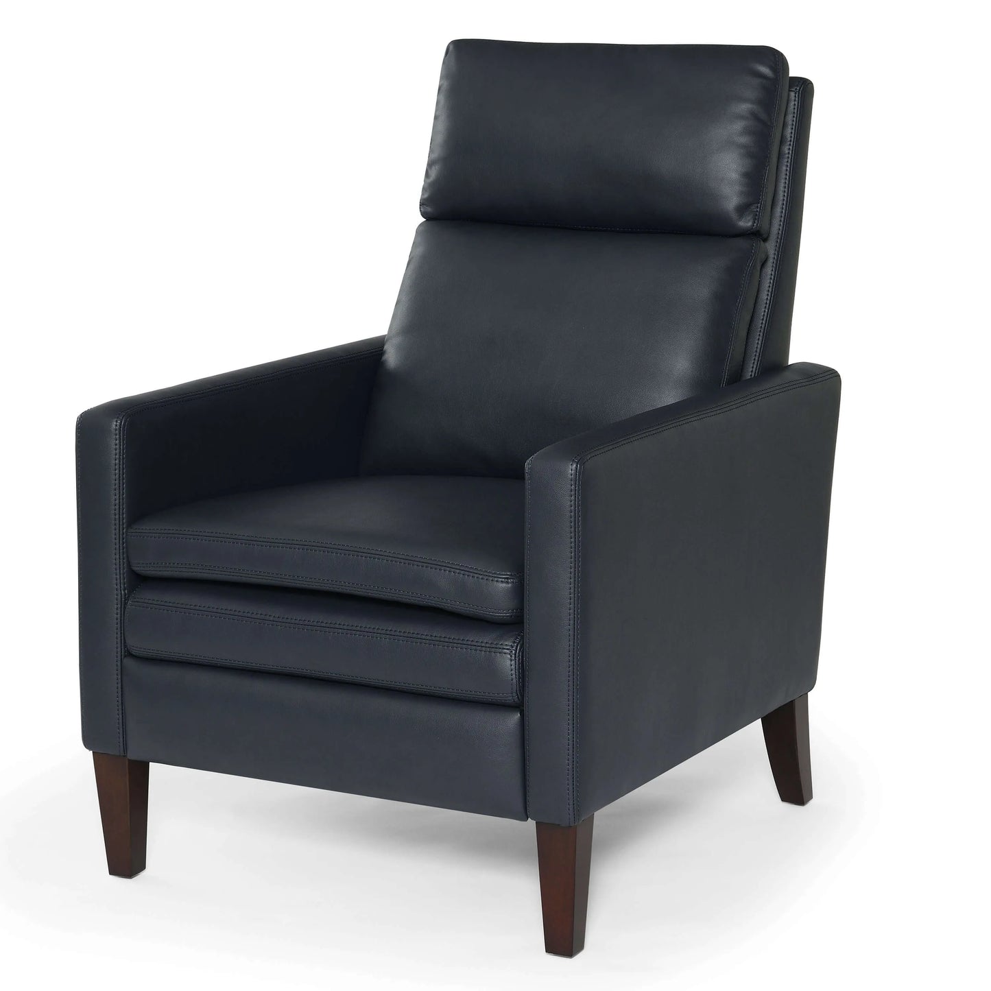 Blue leather recliner chair angled to right with wood legs on a white background