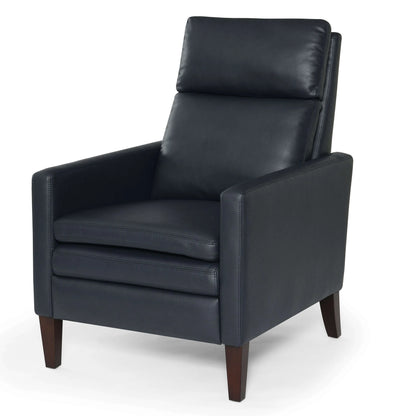 Blue leather recliner chair angled to right with wood legs on a white background