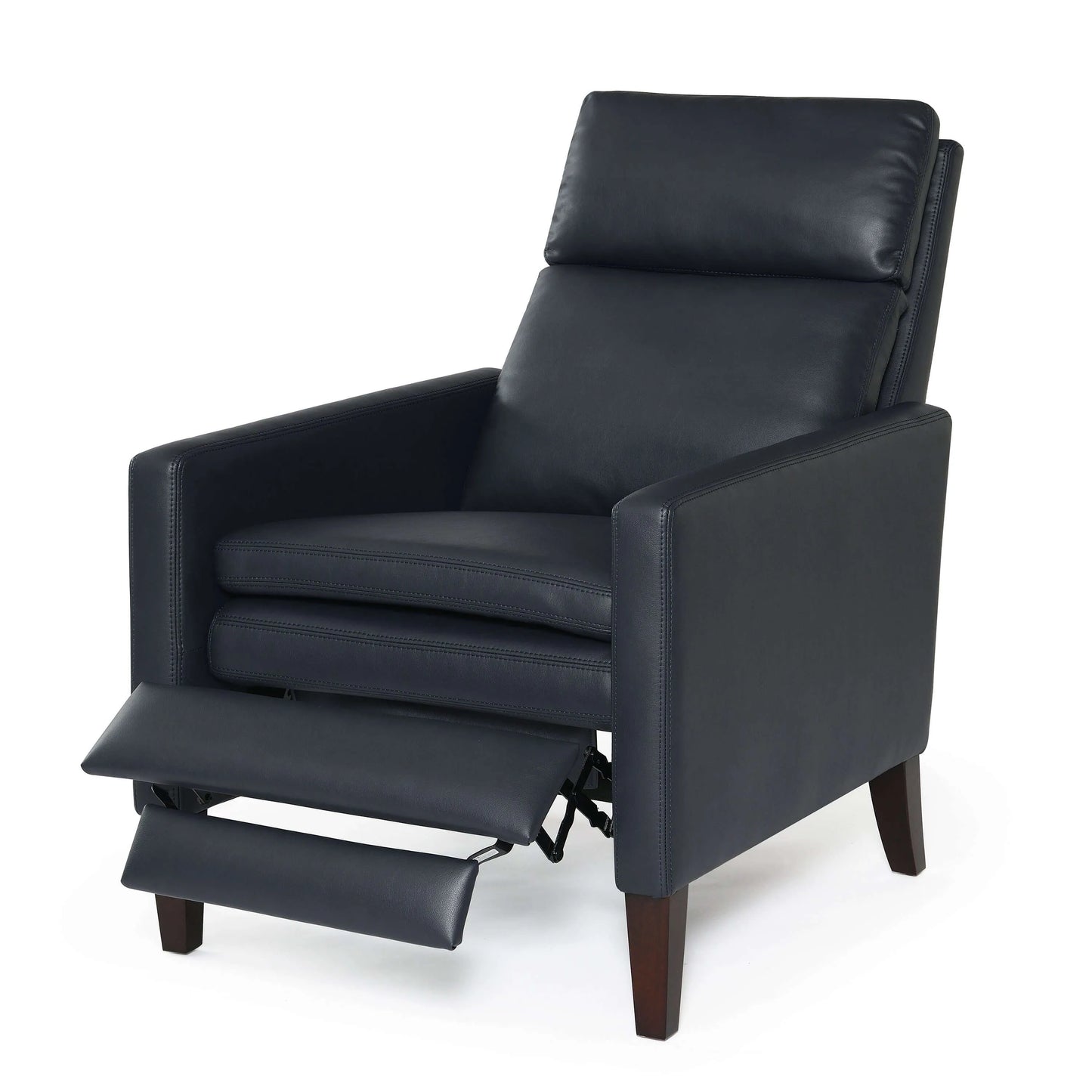 Blue leather recliner chair with footrest extended and wood legs on a white background