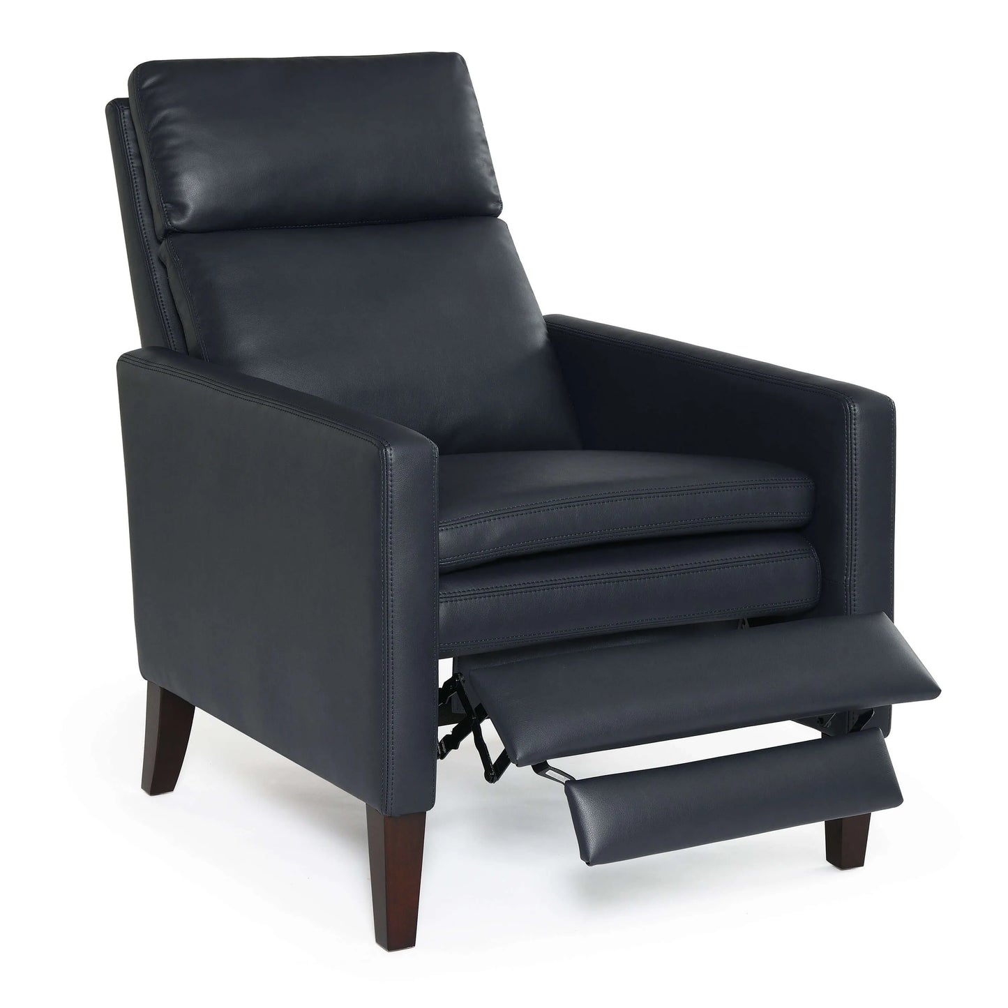 Blue leather recliner chair with footrest extended on a white background
