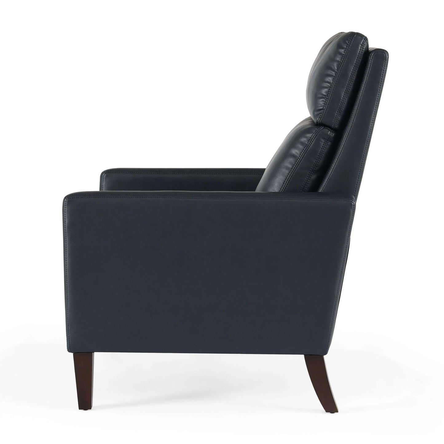 Side view of a blue recliner chair with wooden legs on a white background