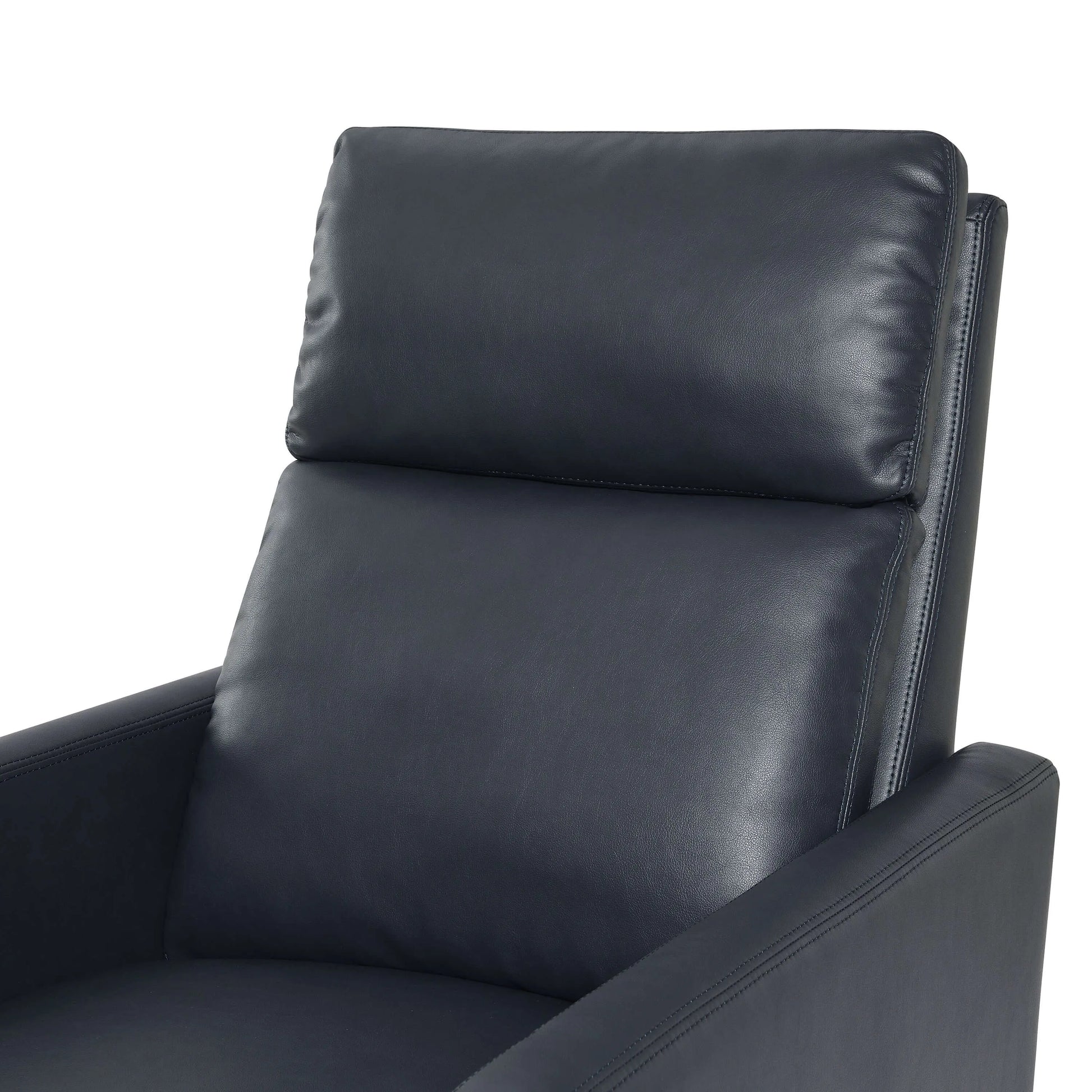 Close up of a blue  leather recliner chair back cushion on a white background
