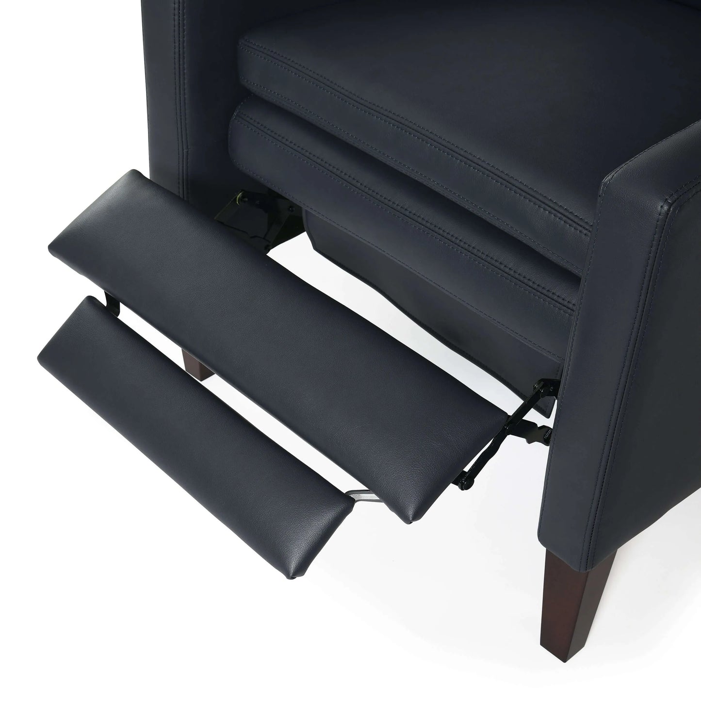 Close up of blue recliner chair with extended footrest on a white background