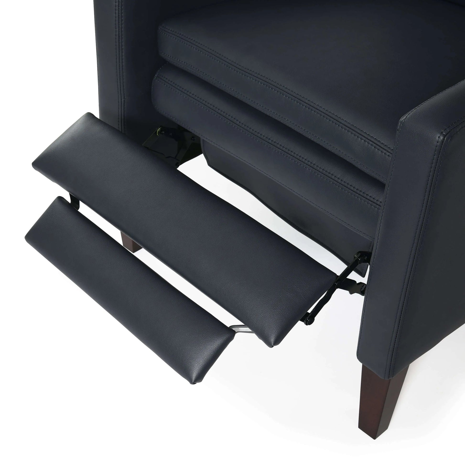 Close up of blue recliner chair with extended footrest on a white background