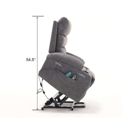 Gray faux leather power lift recliner chair in full lift position with dimensions marked on a white background