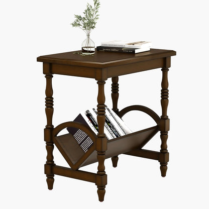Wooden accent table with magazine rack on a white background