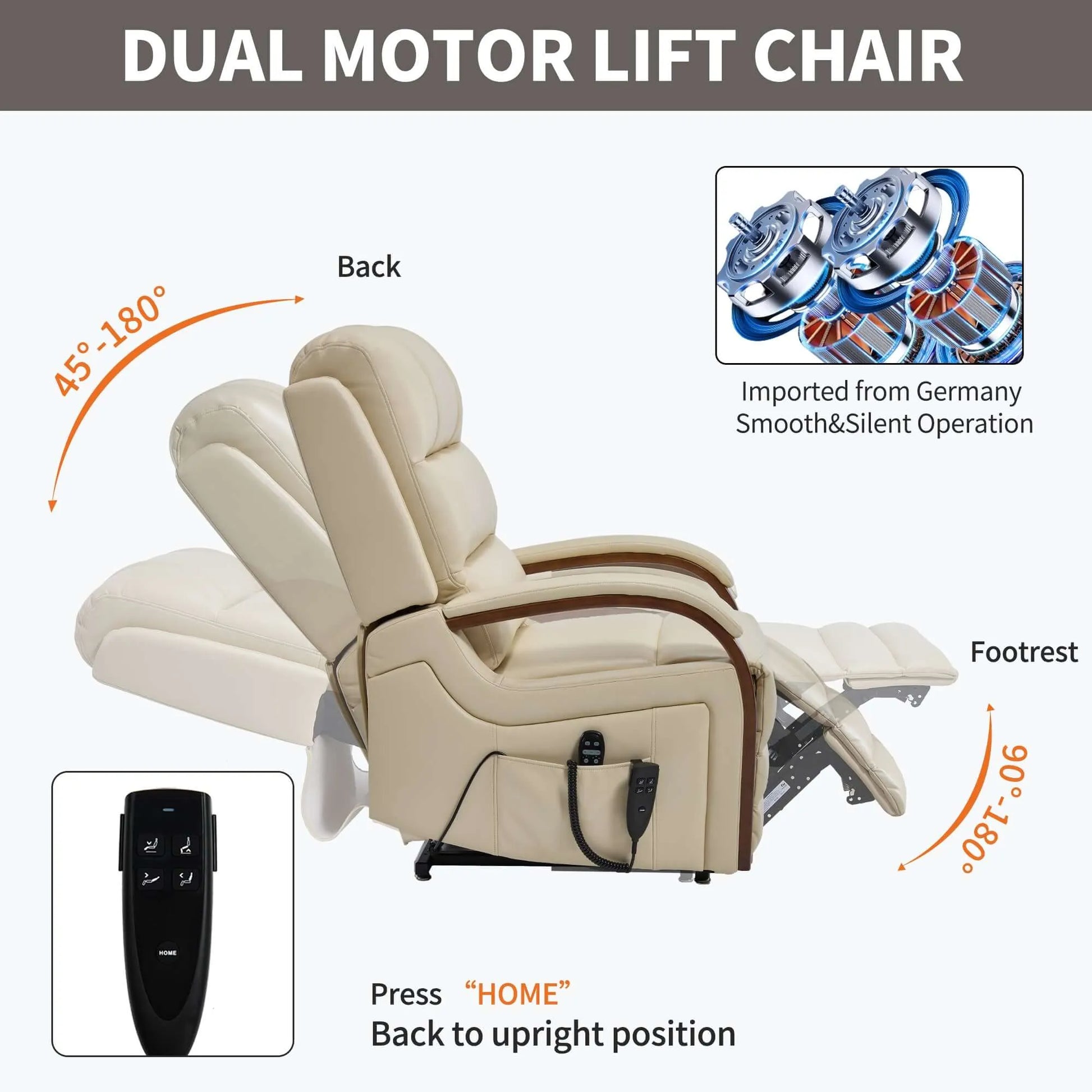 Beige faux leather dual motor lift chair with reclining features and remote control on a white background.