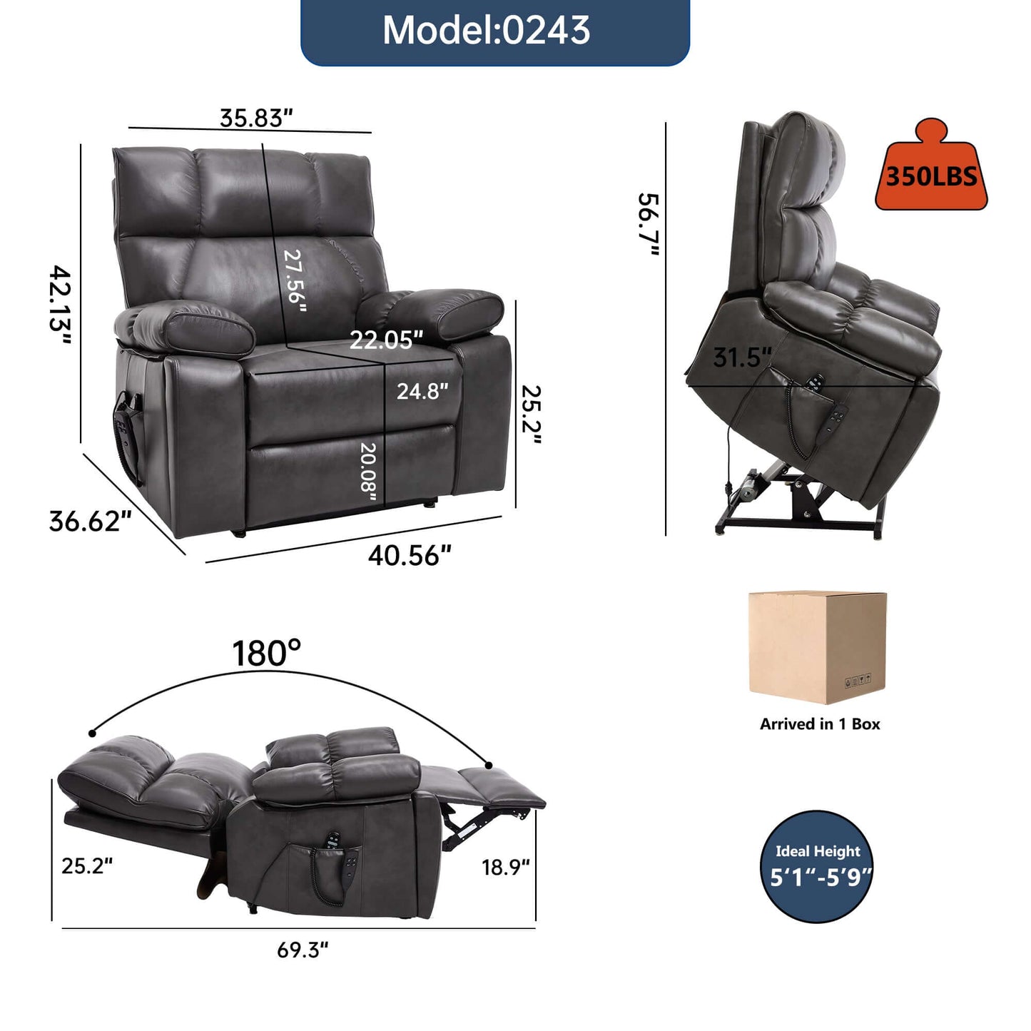 Leatheraire Power Lift Recliner w/ Heat, Massage & Remote/Dark Gray