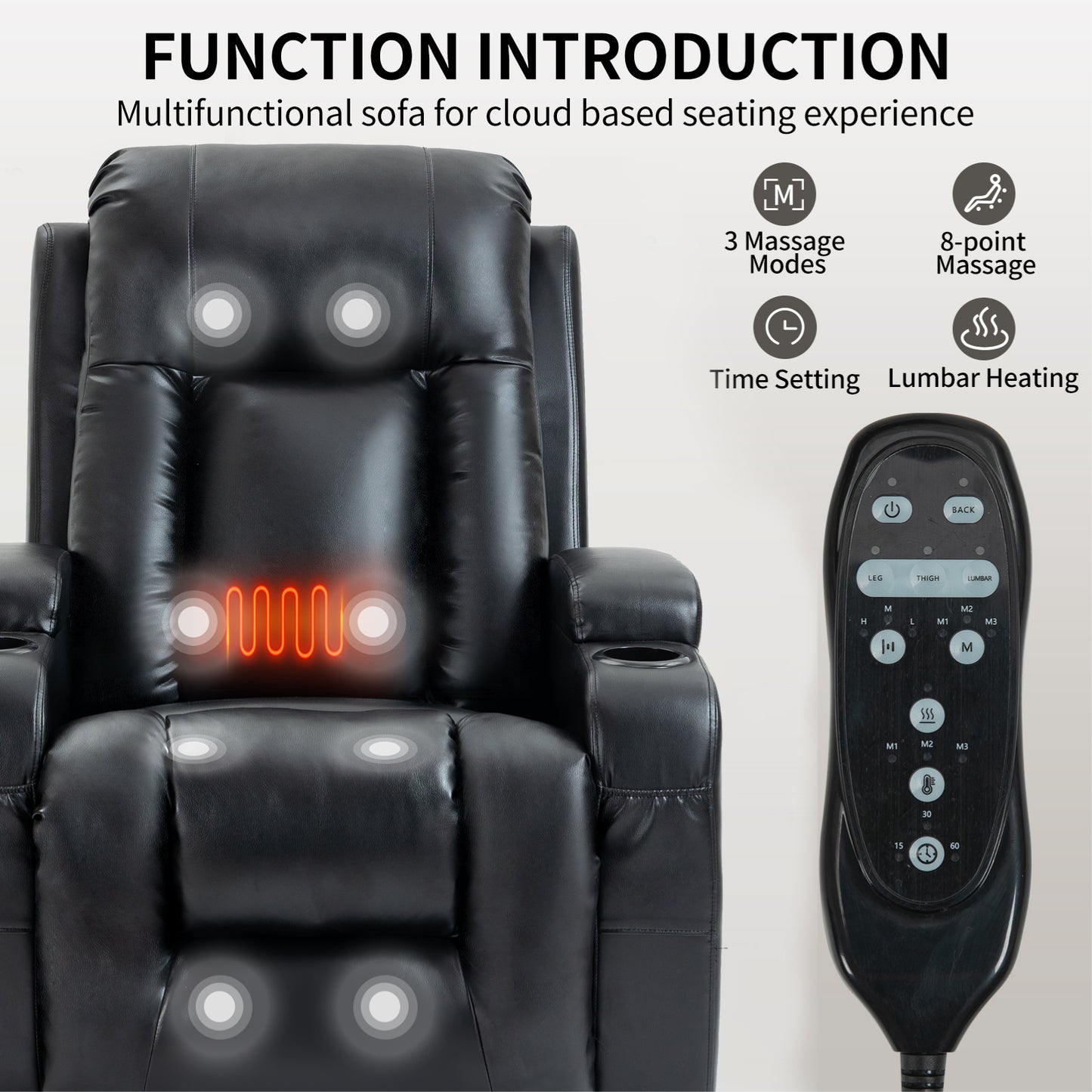 350 LB Power Lift Recliner w/ Massage, Heat, USB & Cup Holders – Black