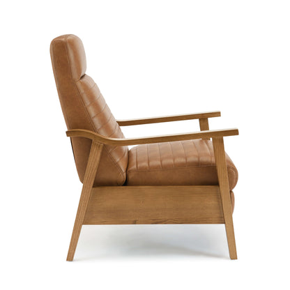 Side view of a brown faux leather recliner chair with wooden frame on a white background
