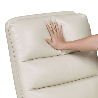 Hand touching a beige leather recliner chair cushion on a white background