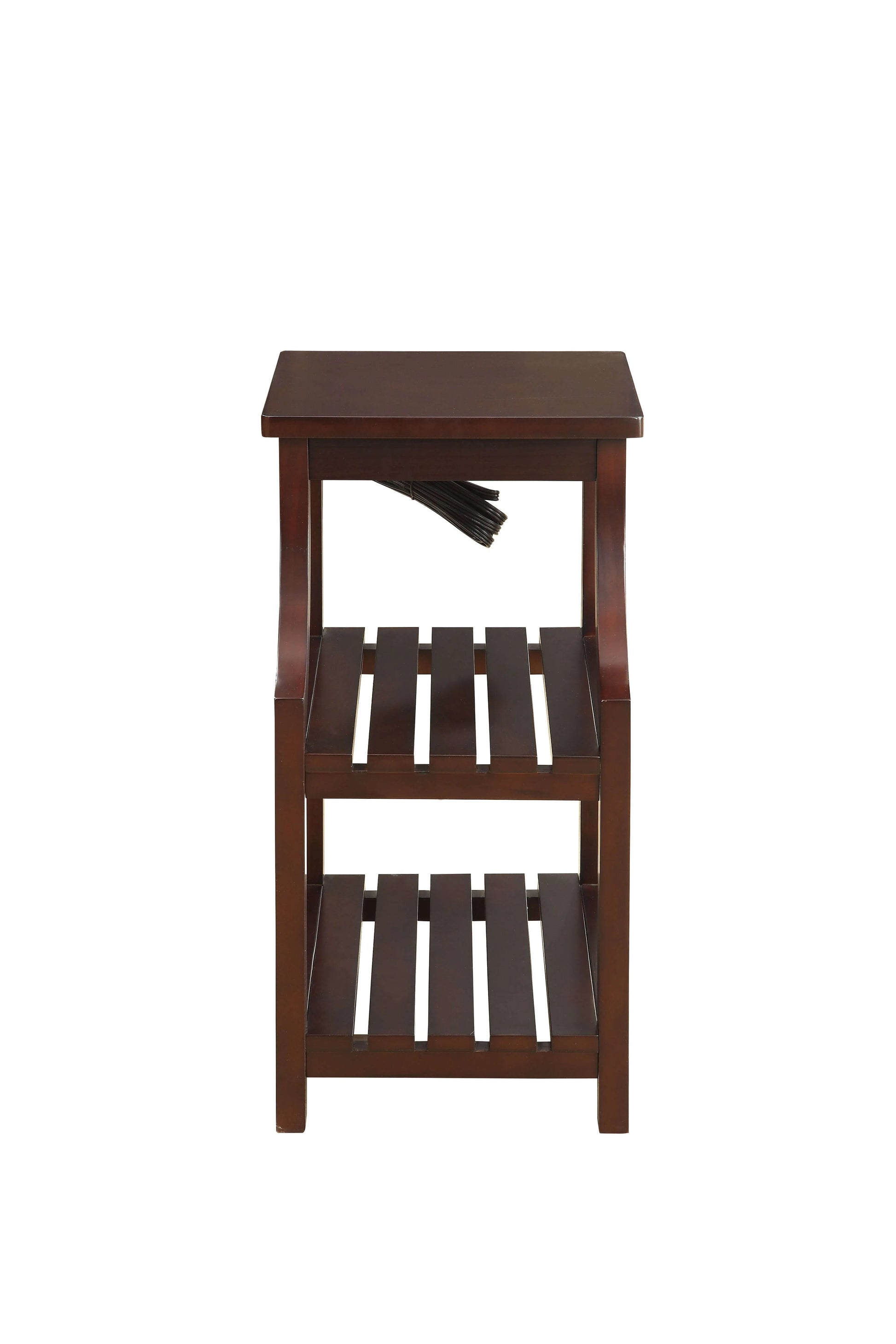Front view of wooden end table with two shelves on a white background