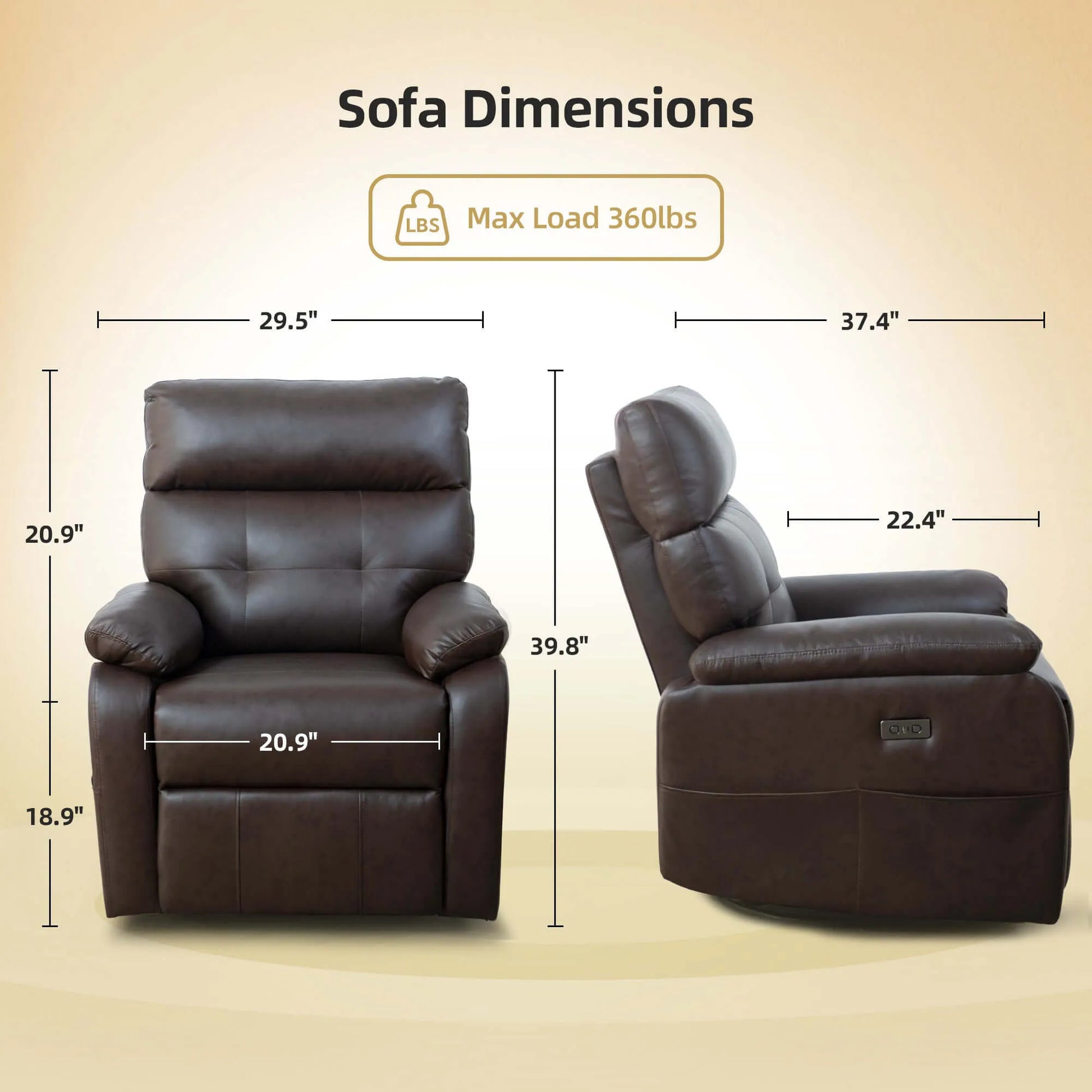 Dimensions of a brown leather recliner sofa with measurements on a beige background.