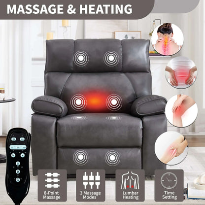 Gray massage and heating recliner chair with remote control and feature icons on a light background.