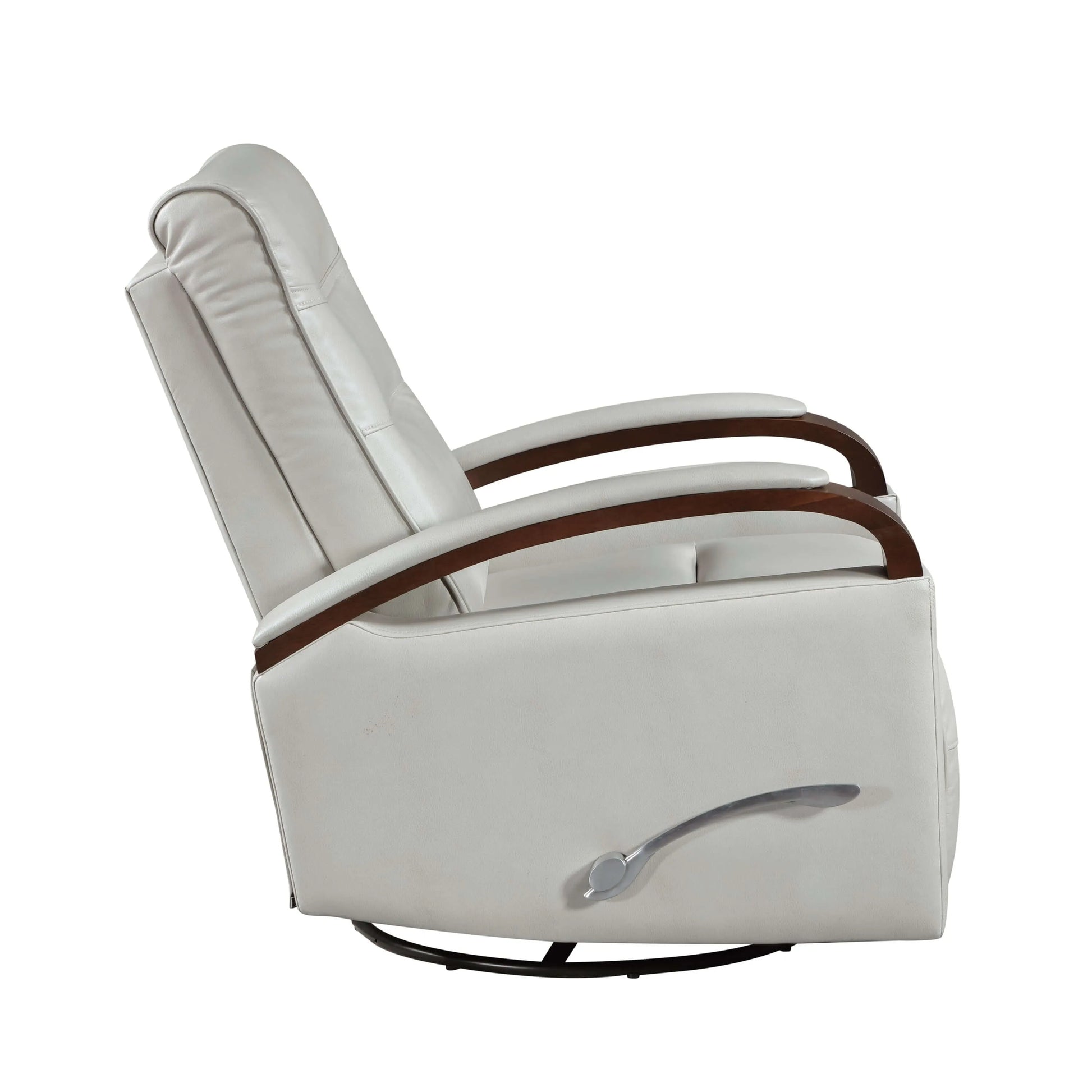Side view of a gray recliner chair with brown armrests and silver manual handle on a white background