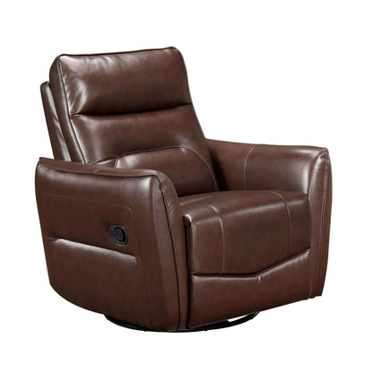 Brown leather recliner chair with manual pull tab on a white background