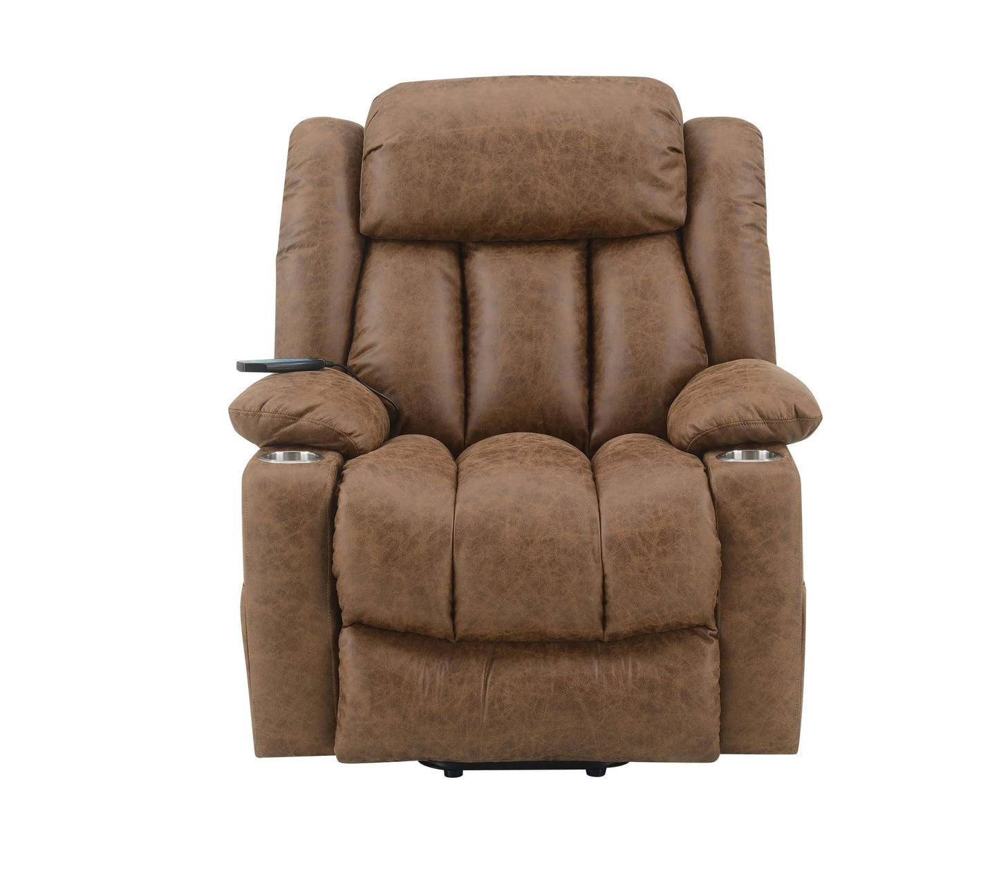 Front view of a brown recliner chair on a white background