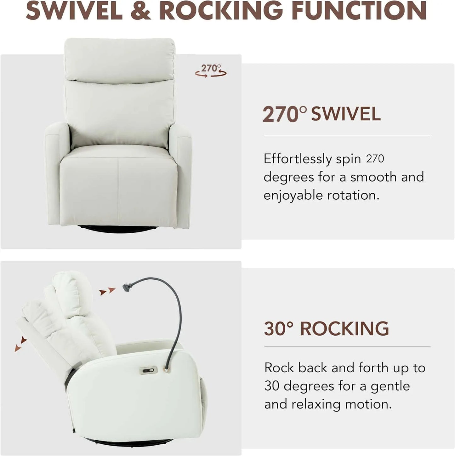 Recliner chair with swivel and rocking functions on a white background
