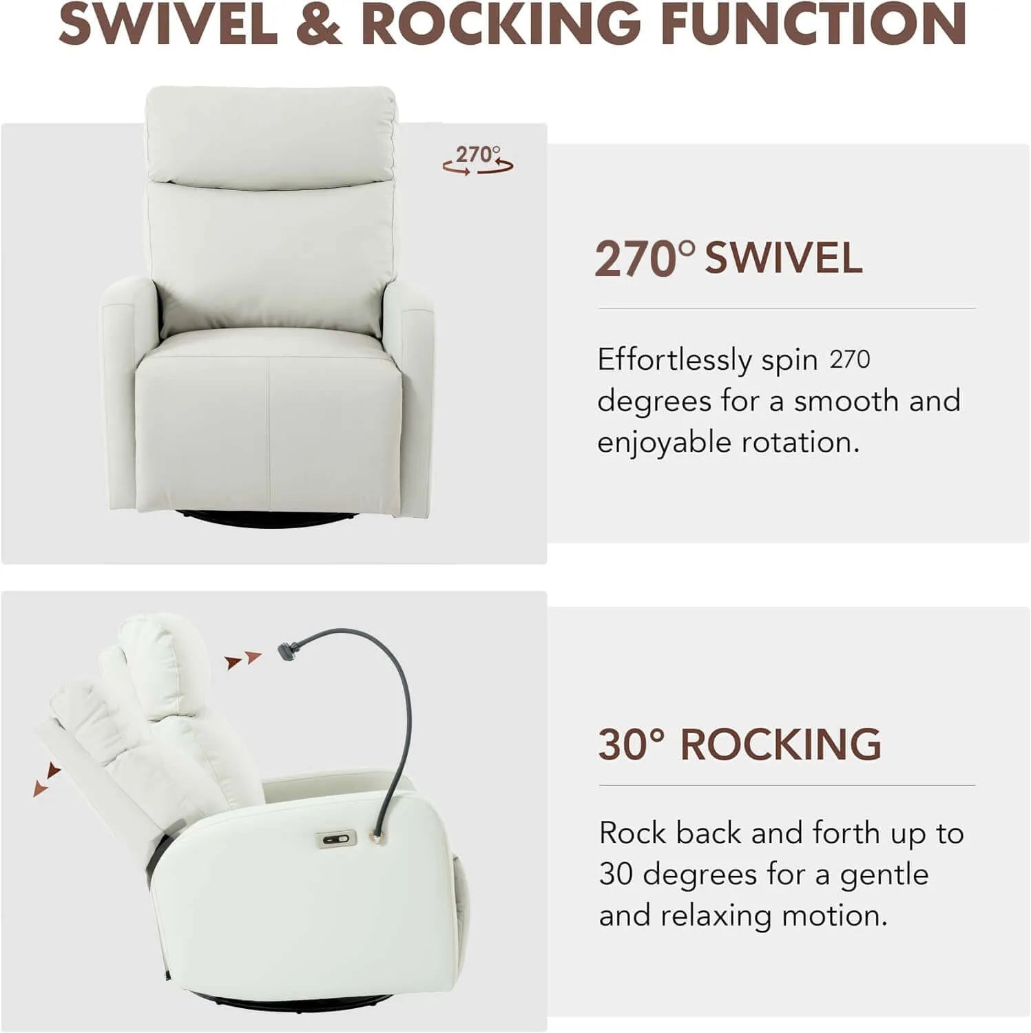 Recliner chair with swivel and rocking functions on a white background