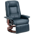 Blue leather recliner chair with wooden base on a white background