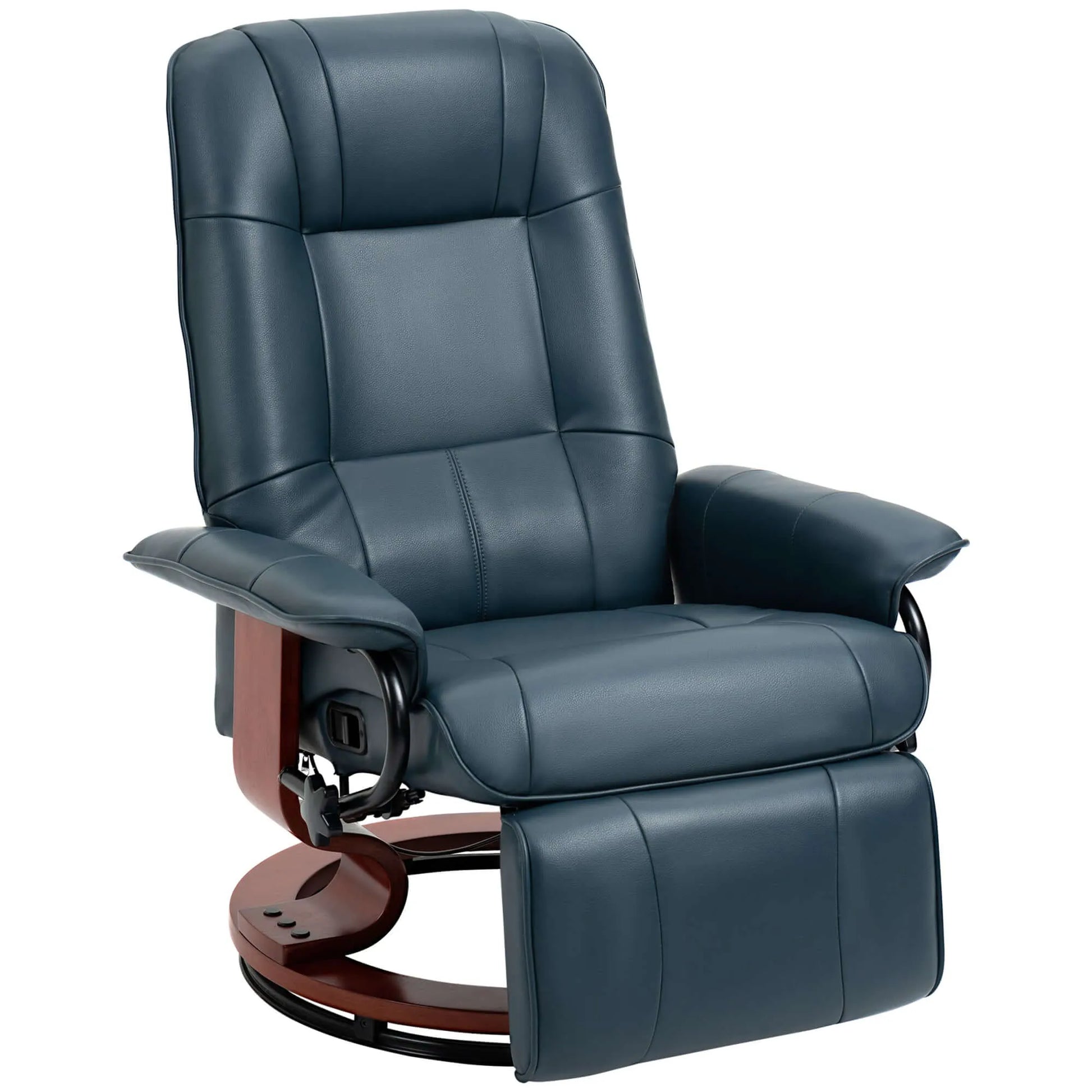 Blue leather recliner chair with wooden base on a white background