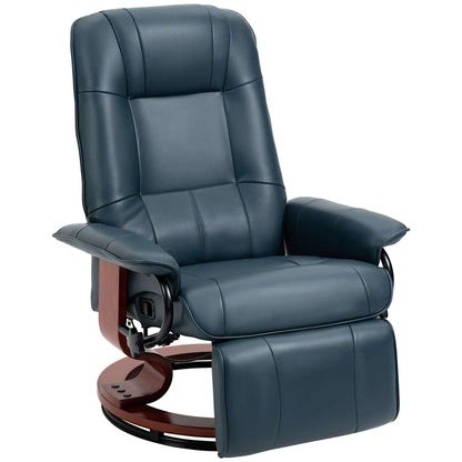 Blue leather recliner chair with wooden base on a white background