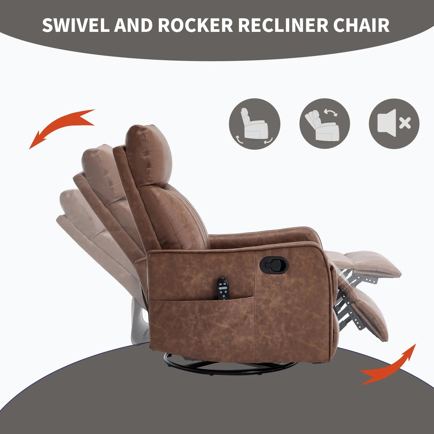 Brown swivel and rocker recliner chair with features indicated on a white background