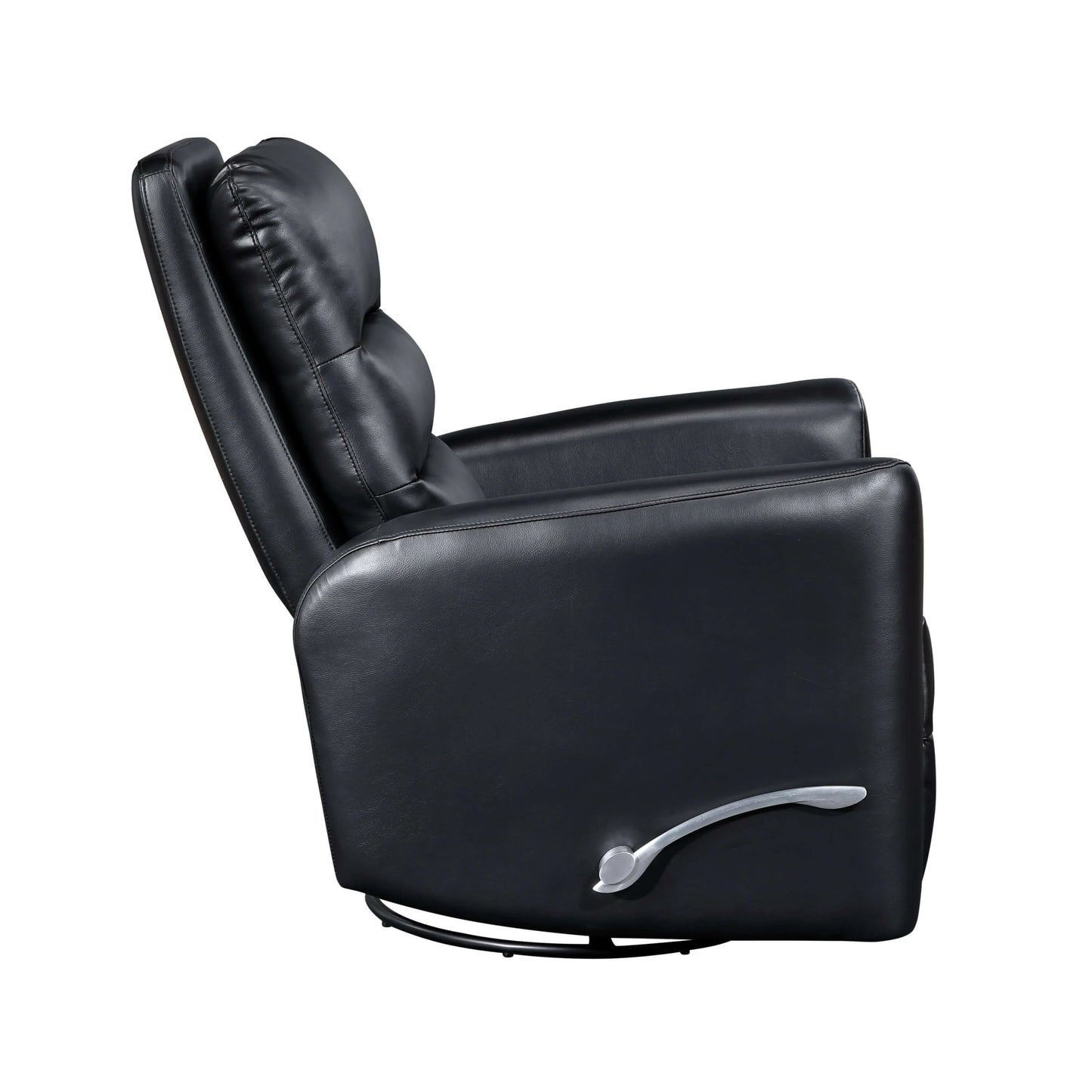 Side view of a black recliner chair with manual handle on a white background
