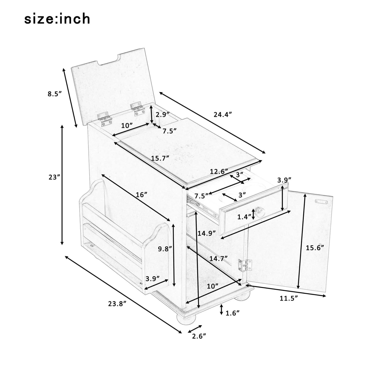 Measurement chart of an end table with dimensions labeled in inches.