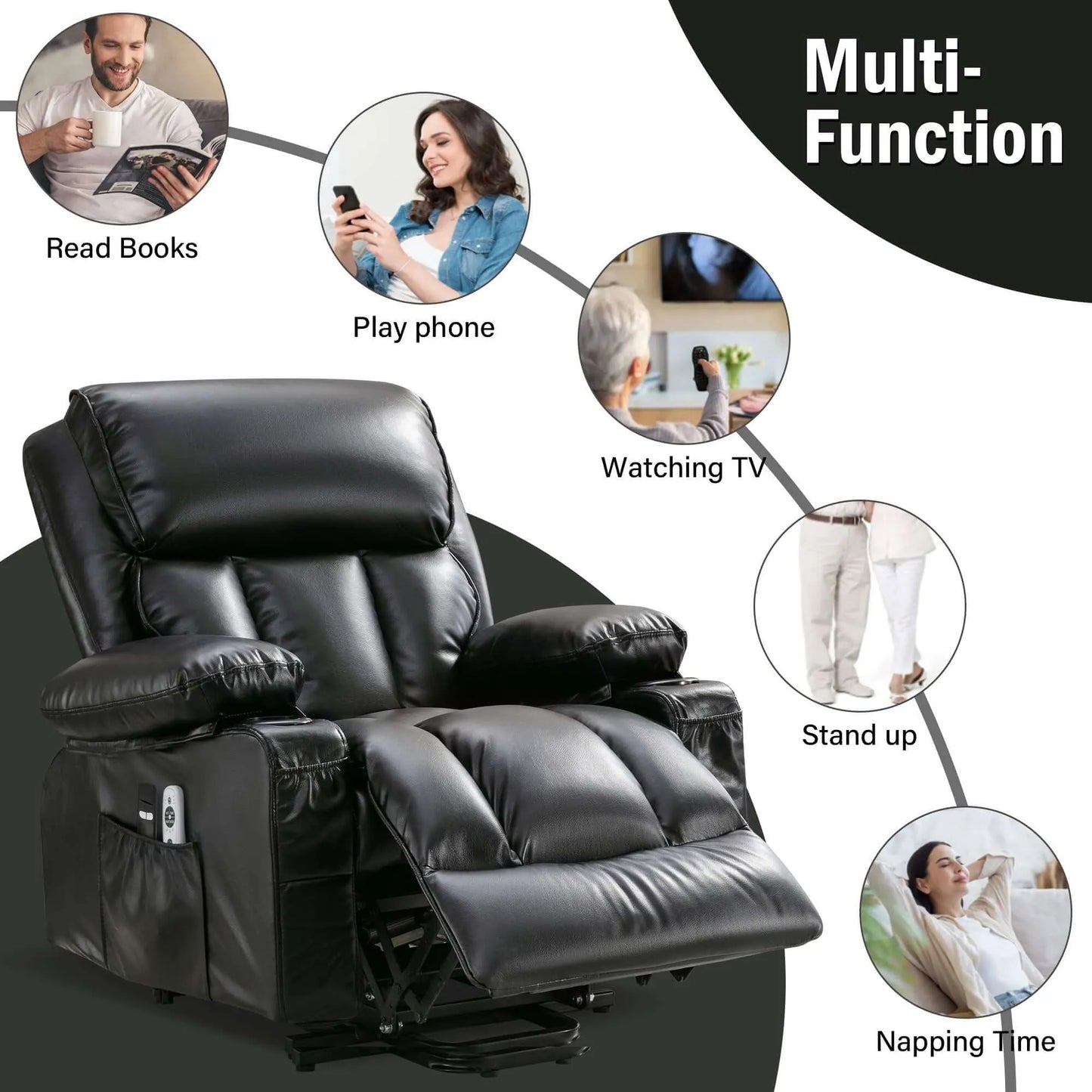 Black recliner chair with multiple functions depicted around it.