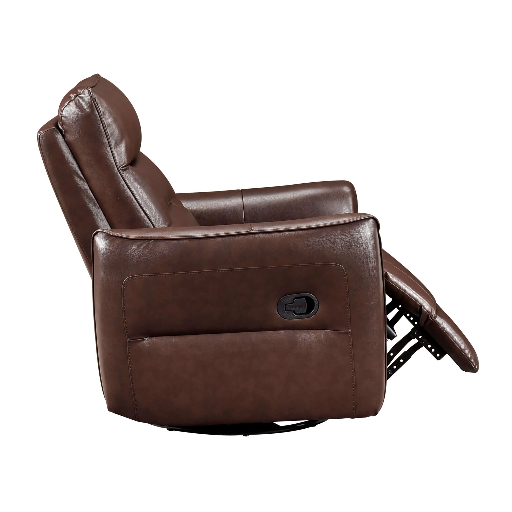 Side view of a brown leather recliner chair with footrest extended and black metal base on a white background