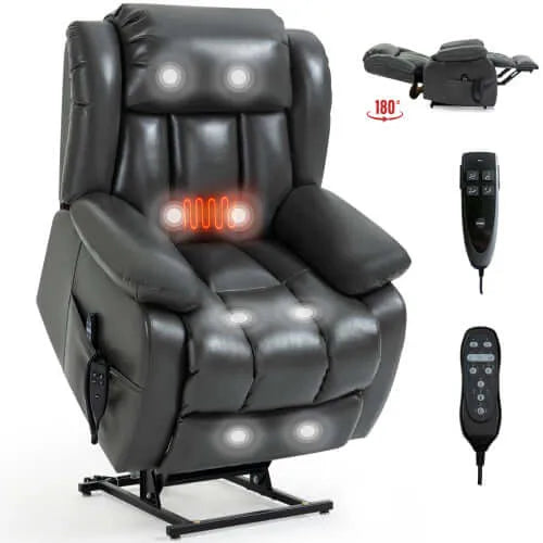 Gray massage recliner chair with remote controls on a white background