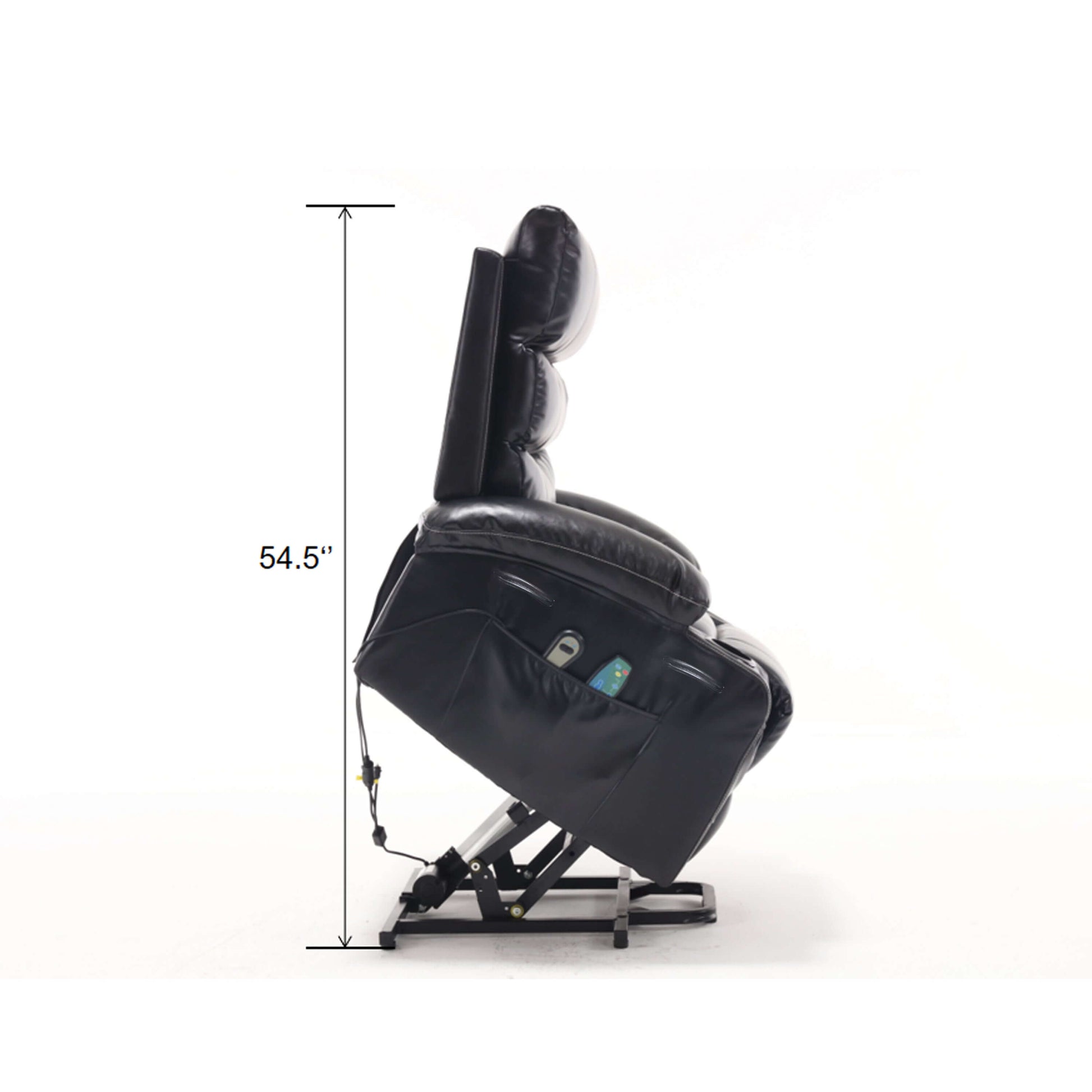 Black faux leather power lift recliner chair in full lift position with dimensions labeled on a white background