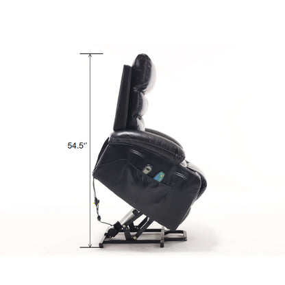 Black faux leather power lift recliner chair in full lift position with dimensions labeled on a white background