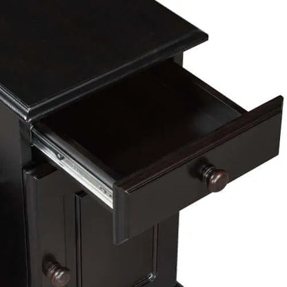 Dark brown end table with an open drawer on a white background