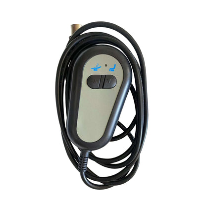 Brown faux leather power lift recliner chair reclining control device with black cable on a white background