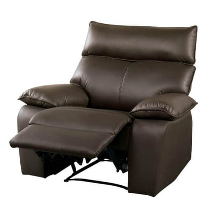 Brown faux leather recliner chair in a reclining position on a white background
