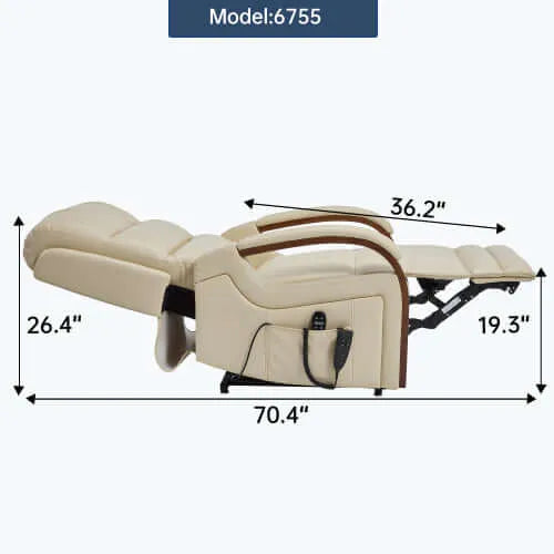 Beige faux leather recliner chair with dimensions labeled on a white background