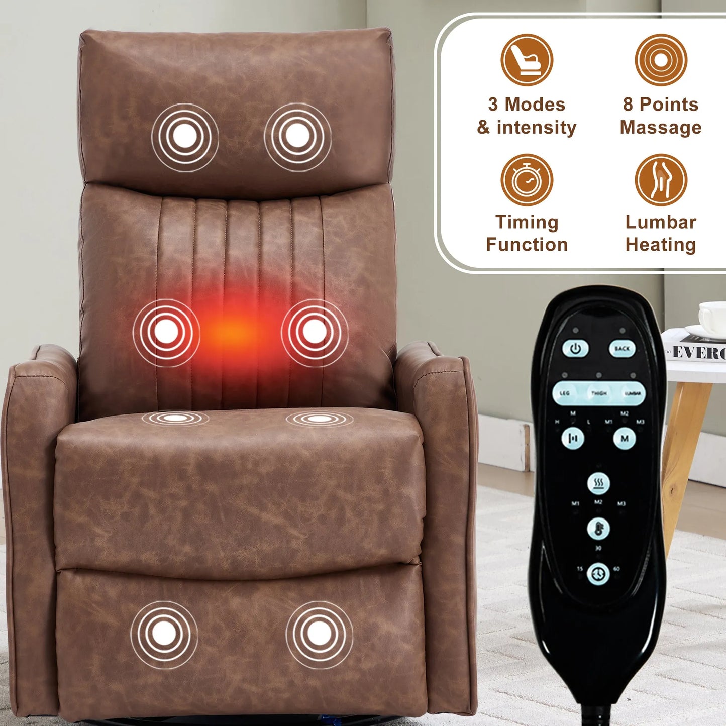 Brown massage chair with remote control and feature icons on a light background