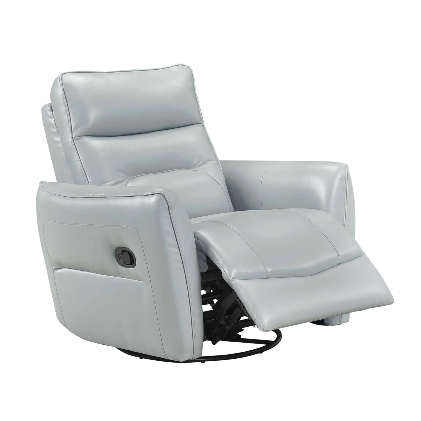 Light blue leather recliner chair with footrest extended on a white background