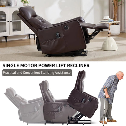 Brown power lift recliner in a living room setting with text about single motor power lift recliner.