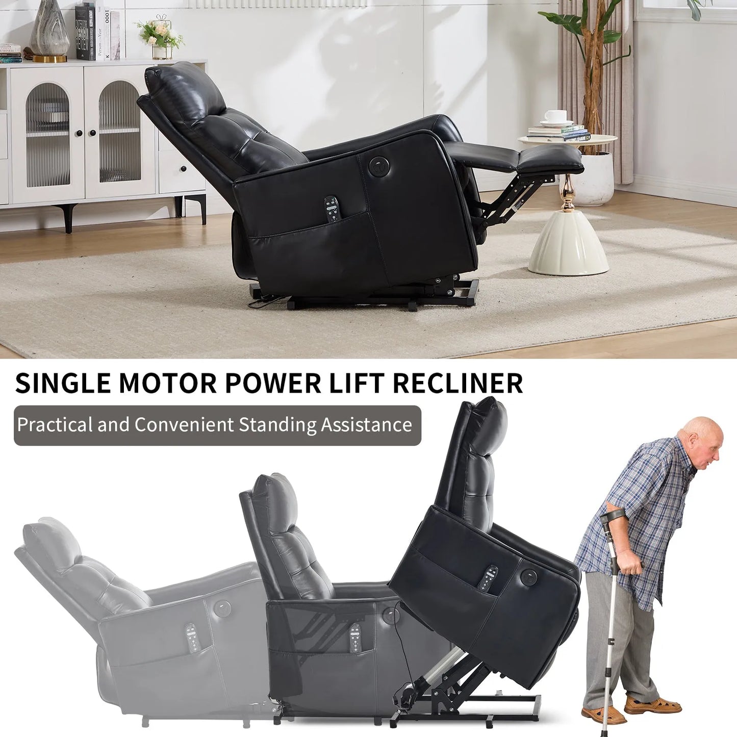 Black power lift recliner in a living room setting with text about single motor power lift recliner.