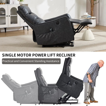 Black power lift recliner chair in a living room setting with text highlighting its features.