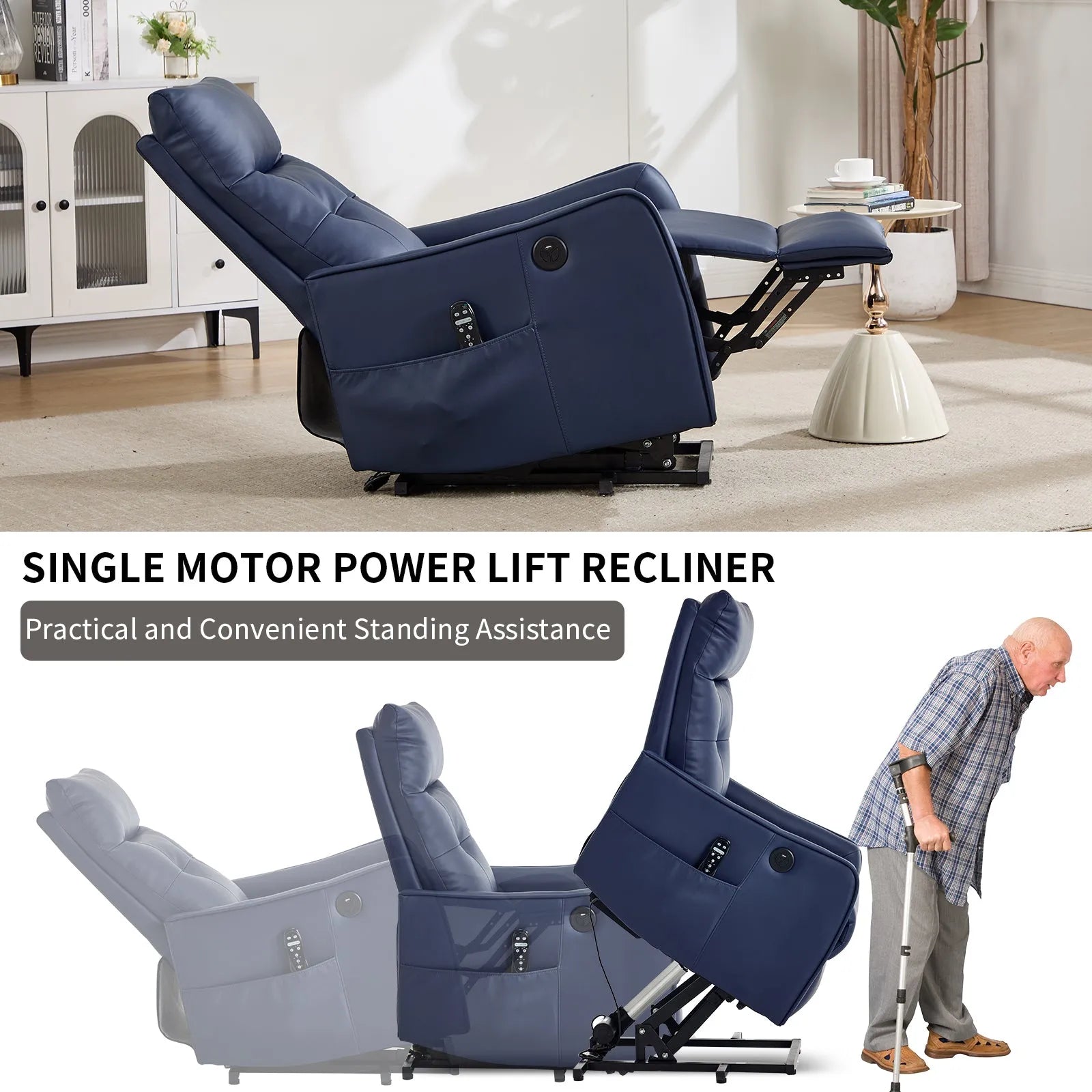 Blue power lift recliner chair in a living room setting with text about single motor power lift recliner.